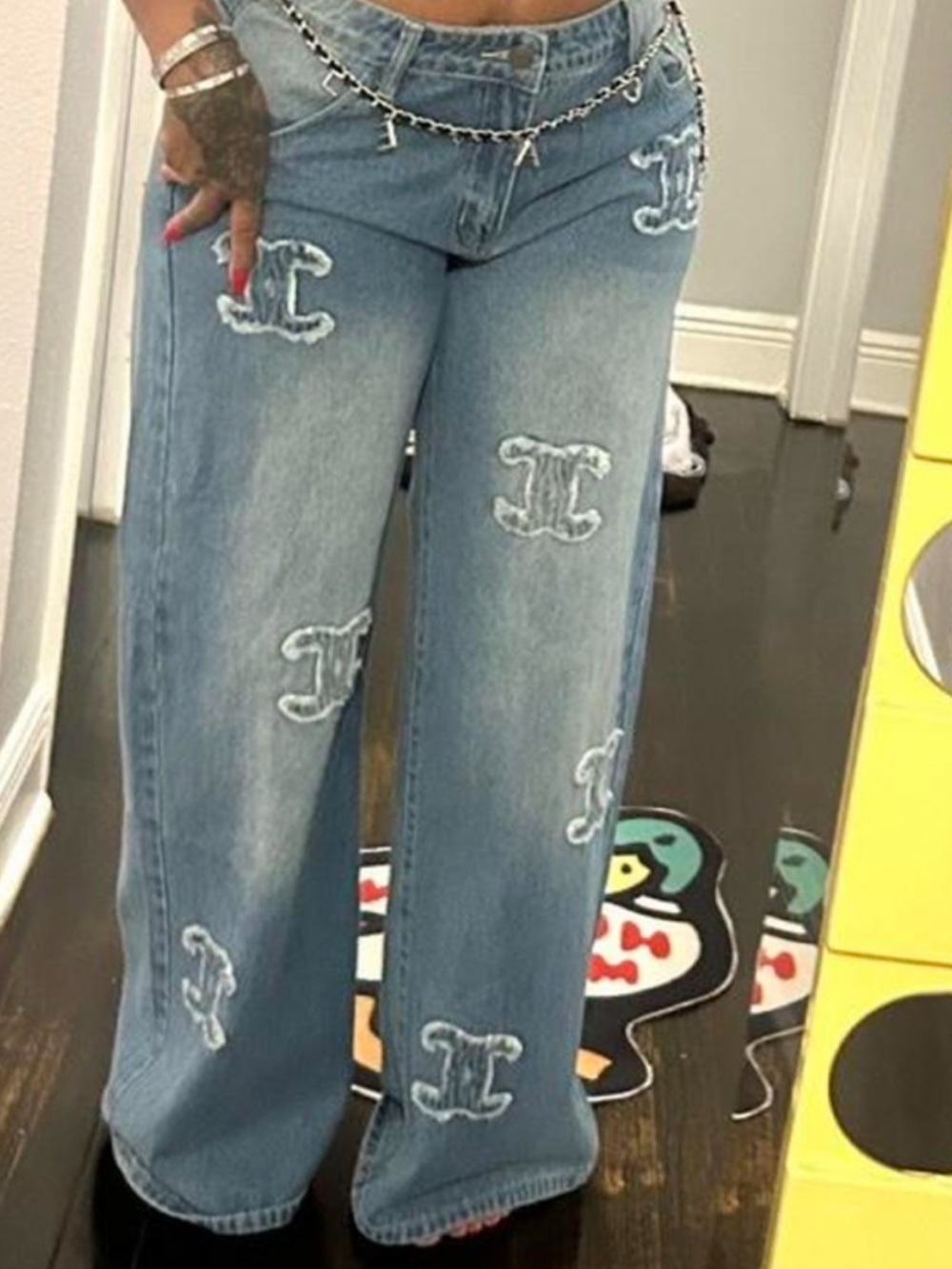 🔥Chanel CC Embroidered Wide-Leg Jeans